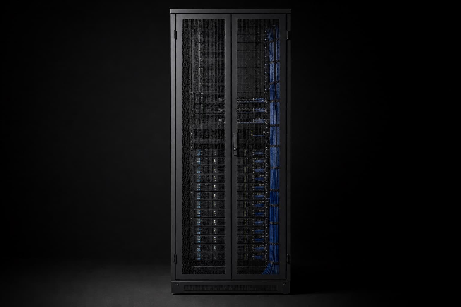 A single fully populated server rack in a data hall with cabling dressed down one side