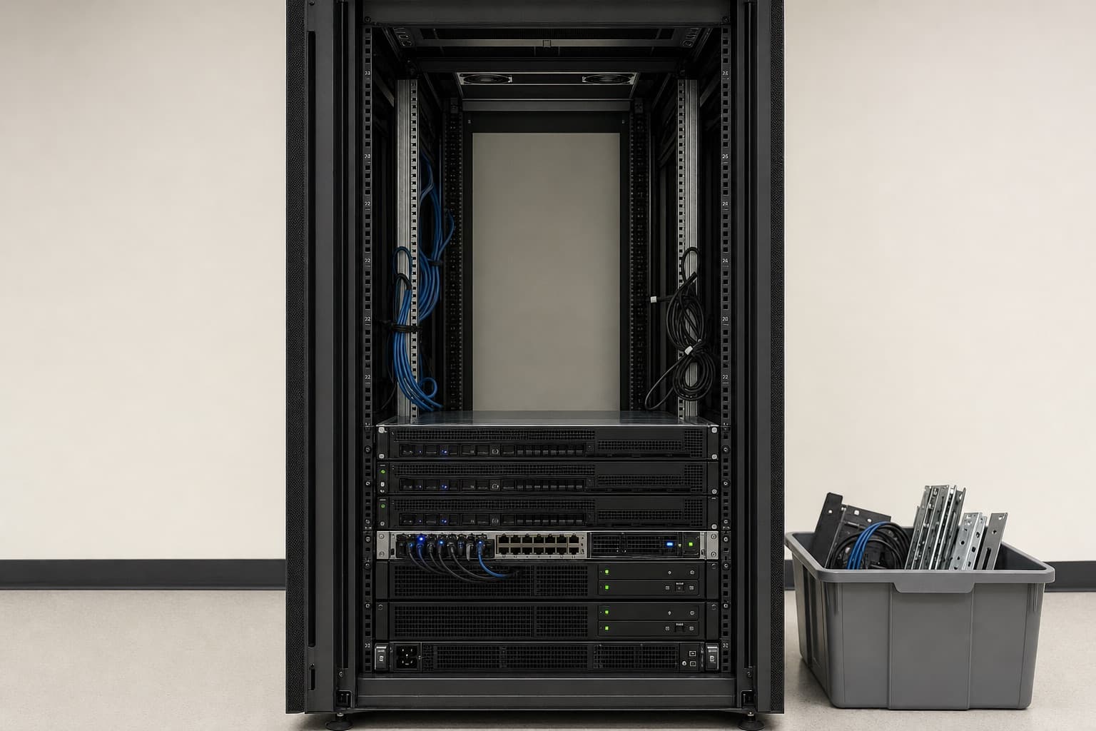 The same rack half emptied, its upper half stripped to bare rails with cables cut back and coiled