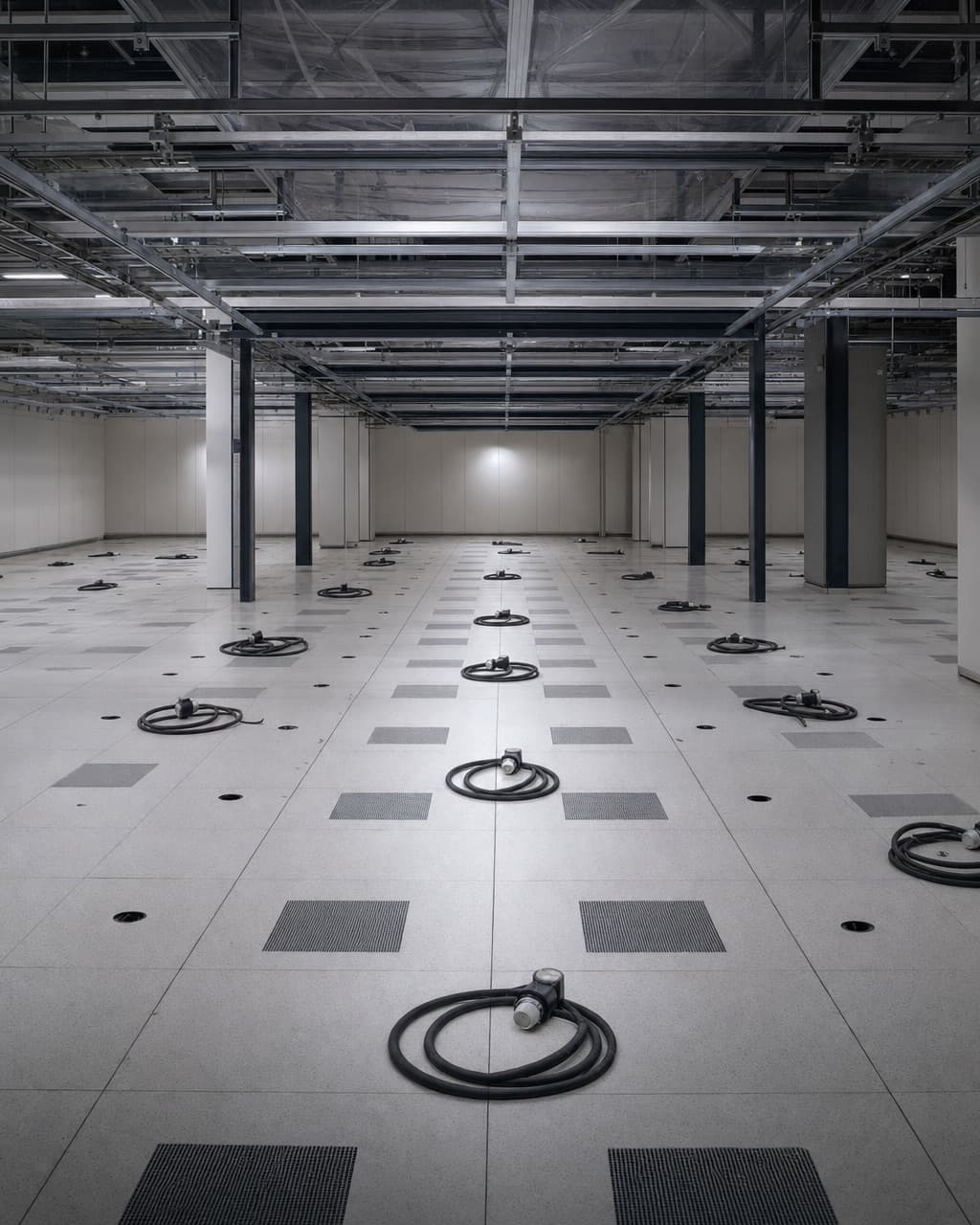 An empty data hall after decommissioning, bare raised floor with cable cutouts and power whips coiled and capped