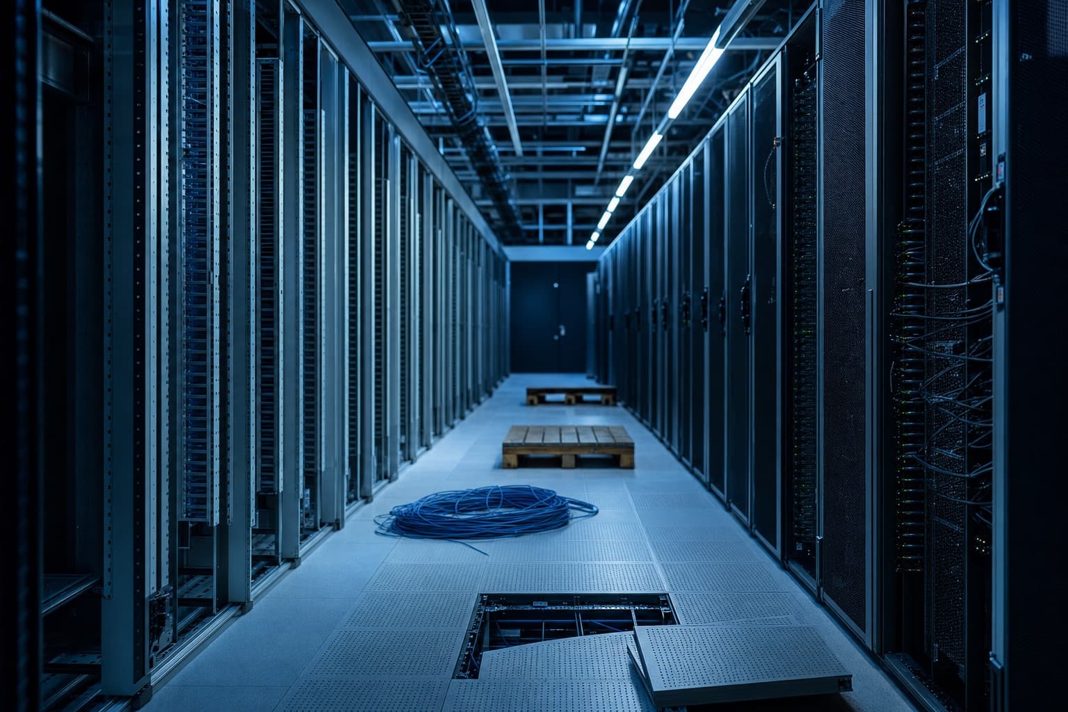 A data hall being decommissioned: two rack rows, half emptied, coiled cable and pallets in the cold aisle
